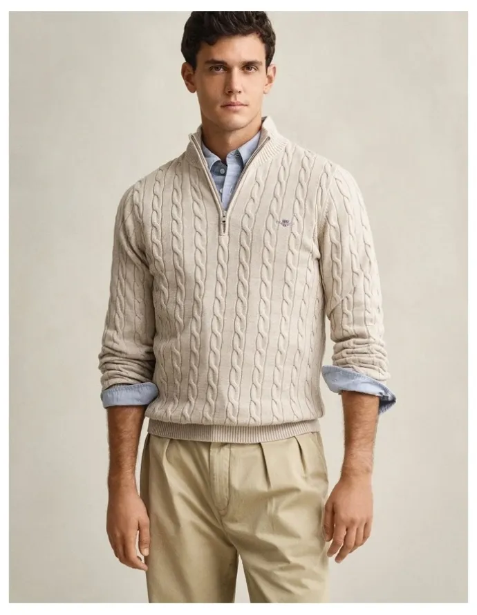 Gant Cotton Cable Half Zip in Oat Melange