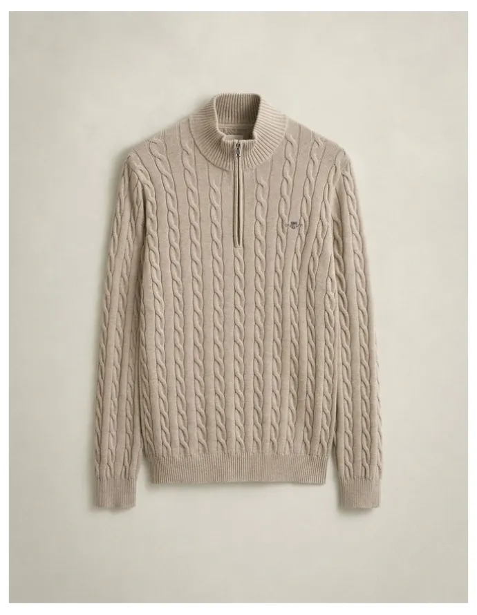 Gant Cotton Cable Half Zip in Oat Melange
