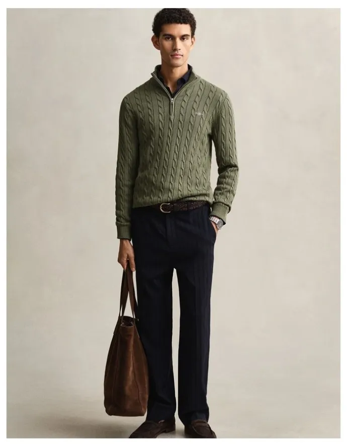 Gant Cotton Cable Half Zip Knit Sweater in Dry Herb Green