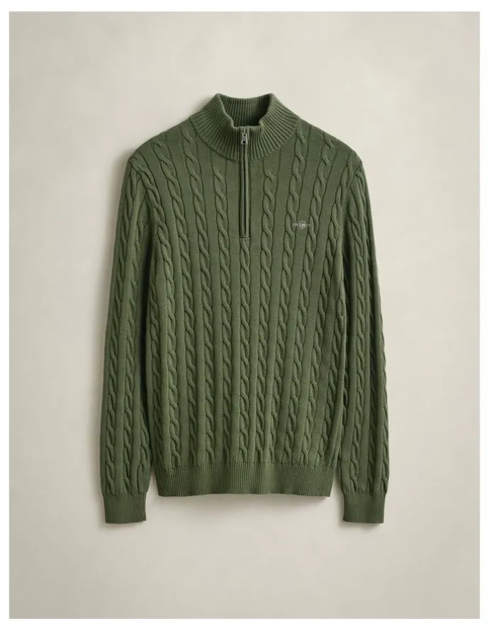 Gant Cotton Cable Half Zip Knit Sweater in Dry Herb Green