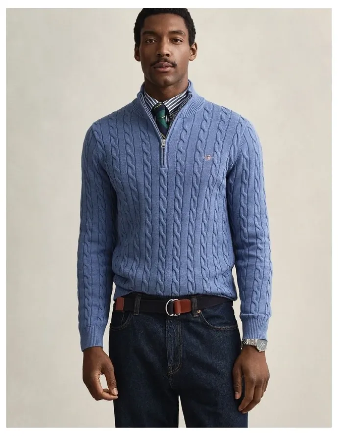 Gant Cotton Cable Half Zip Knit Sweater in Denim Blue Melange