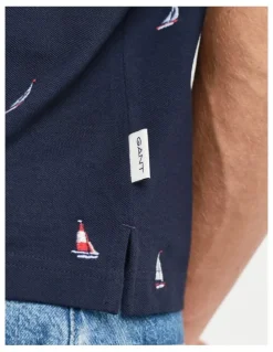 Gant Embroidered Boat Graphic Polo Shirt in Evening Blue