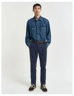 Gant Slim Fit Cotton Herringbone Pants in Evening Blue