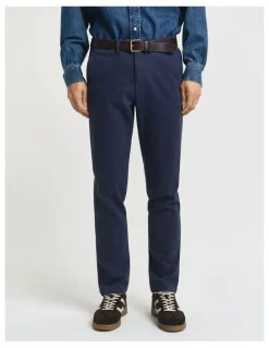 Gant Slim Fit Cotton Herringbone Pants in Evening Blue