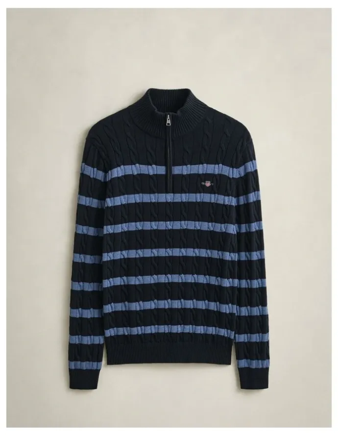 Gant Striped Cotton Cable Knit Half-Zip Sweater in Evening Blue