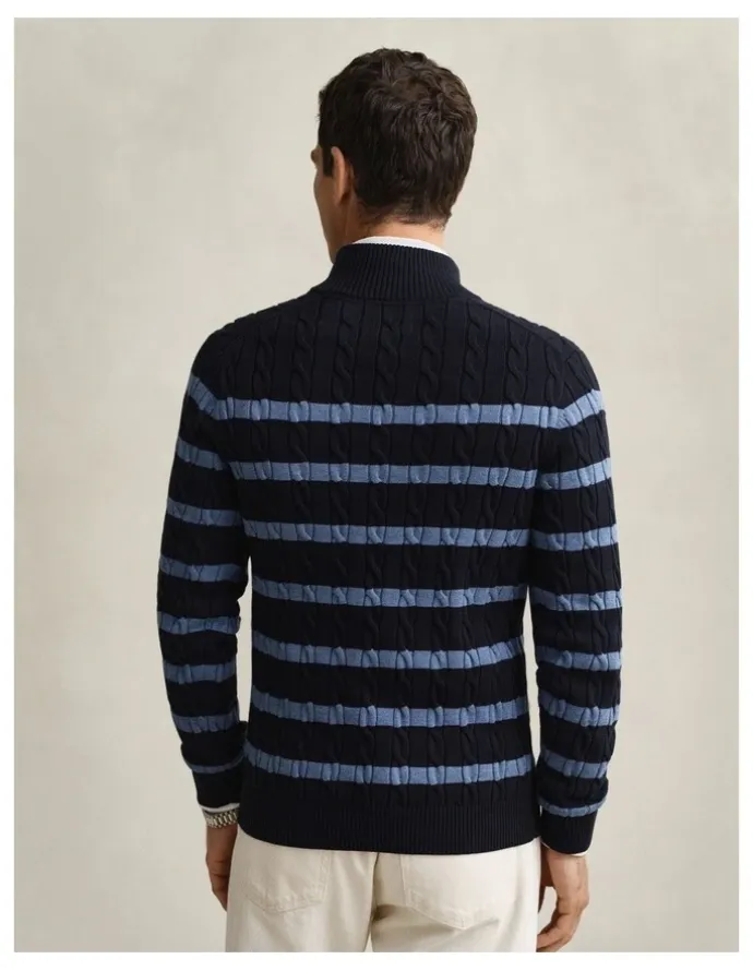 Gant Striped Cotton Cable Knit Half-Zip Sweater in Evening Blue