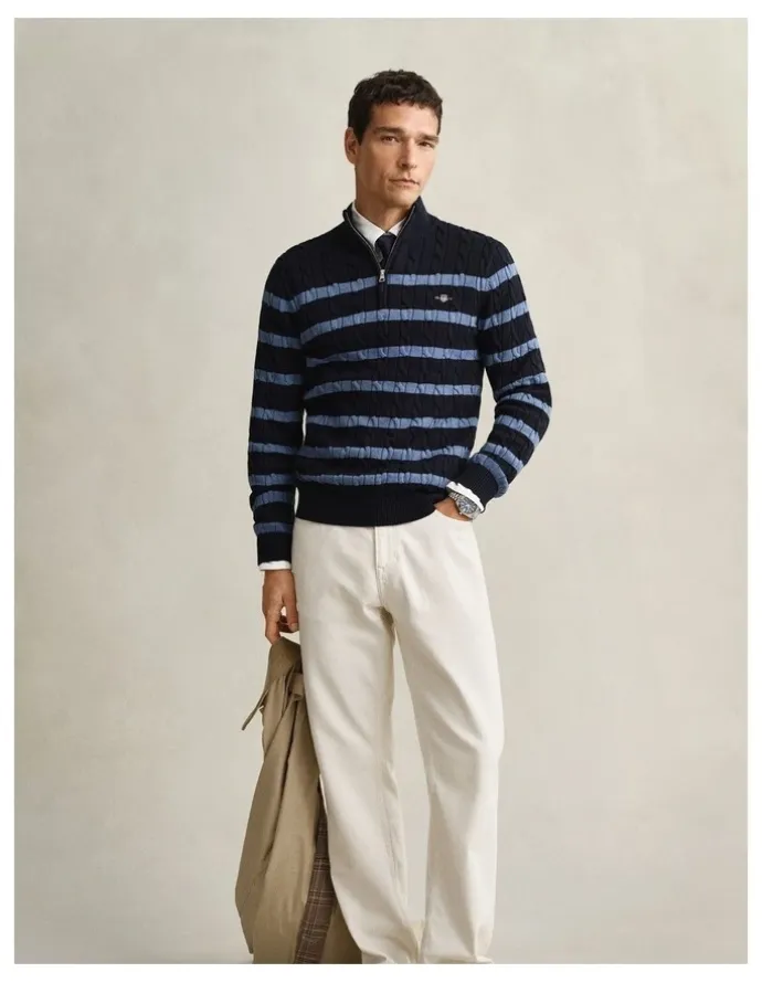 Gant Striped Cotton Cable Knit Half-Zip Sweater in Evening Blue