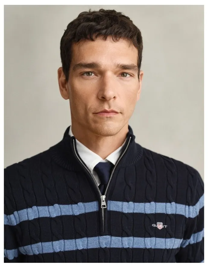 Gant Striped Cotton Cable Knit Half-Zip Sweater in Evening Blue