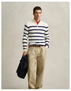 Gant Striped Cotton Cable Knit Half-Zip Sweater in Cream