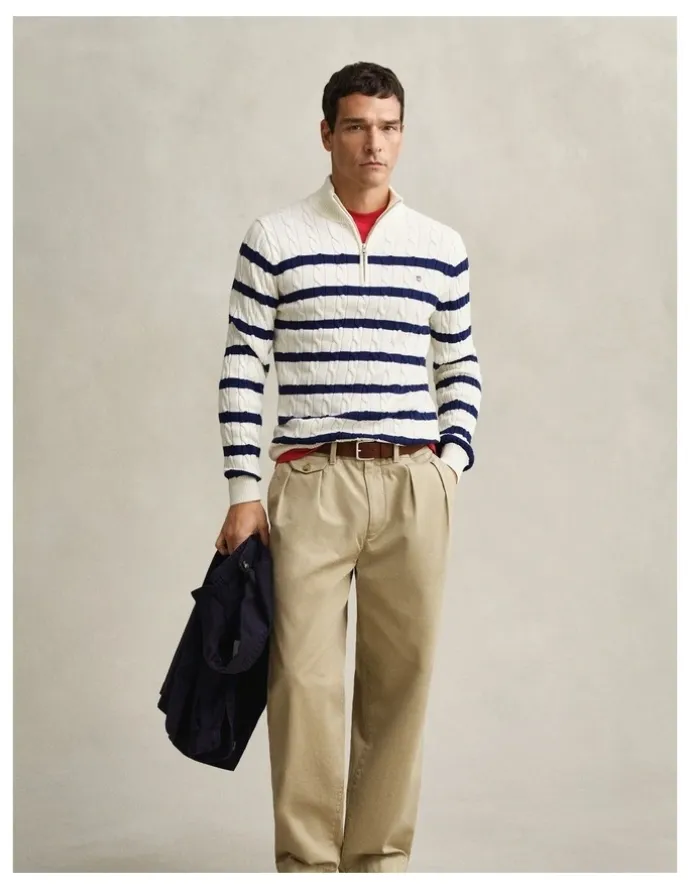 Gant Striped Cotton Cable Knit Half-Zip Sweater in Cream