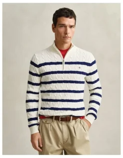 Gant Striped Cotton Cable Knit Half-Zip Sweater in Cream