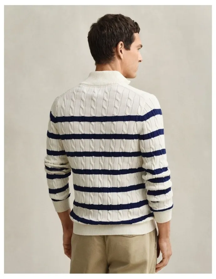 Gant Striped Cotton Cable Knit Half-Zip Sweater in Cream