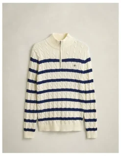 Gant Striped Cotton Cable Knit Half-Zip Sweater in Cream