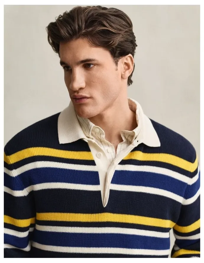 Gant Striped Rib Polo Sweater in Evening Blue