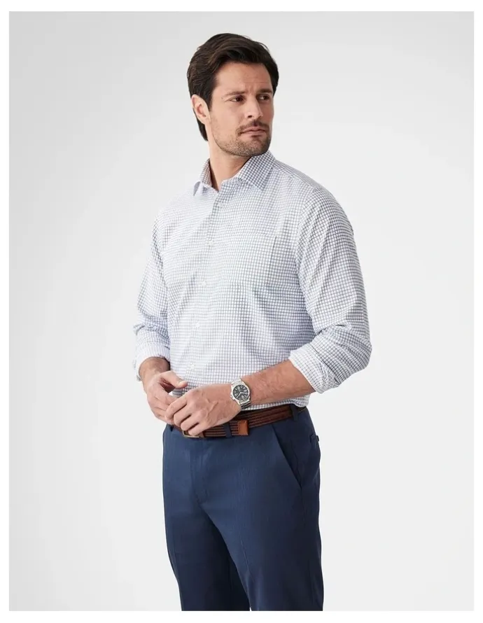 GAZMAN Non-Iron Dobby Mini Check Long Sleeve Shirt in Navy