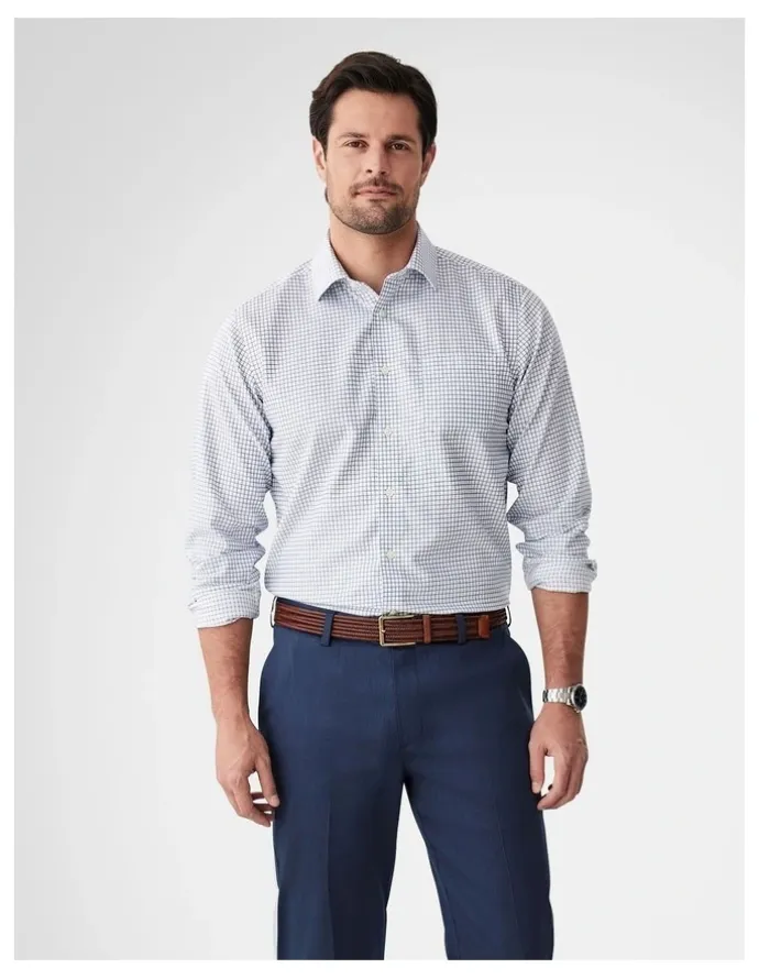 GAZMAN Non-Iron Dobby Mini Check Long Sleeve Shirt in Navy