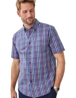 GAZMAN Casual Seersucker Check Short Sleeve Shirt in Navy