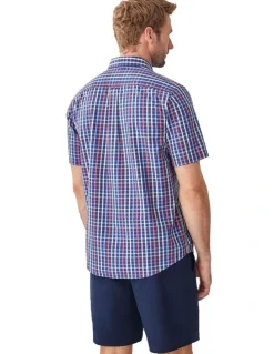 GAZMAN Casual Seersucker Check Short Sleeve Shirt in Navy