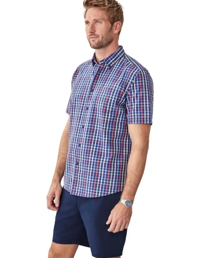 GAZMAN Casual Seersucker Check Short Sleeve Shirt in Navy