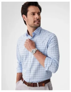 GAZMAN Easy Care Twill Check Long Sleeve Shirt in Blue