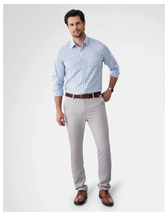 GAZMAN Easy Care Twill Check Long Sleeve Shirt in Blue