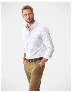 Gazman Non-Iron Twill Check Long Sleeve Shirt White
