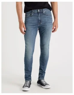 Grab Long Skinny At Waist Jeans in Mid Blues
