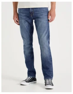 Grab Long Slim Tapered Crosshatch Jeans in Mid Blues
