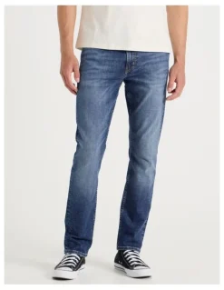 Grab Long Slim Tapered Crosshatch Jeans in Mid Blues