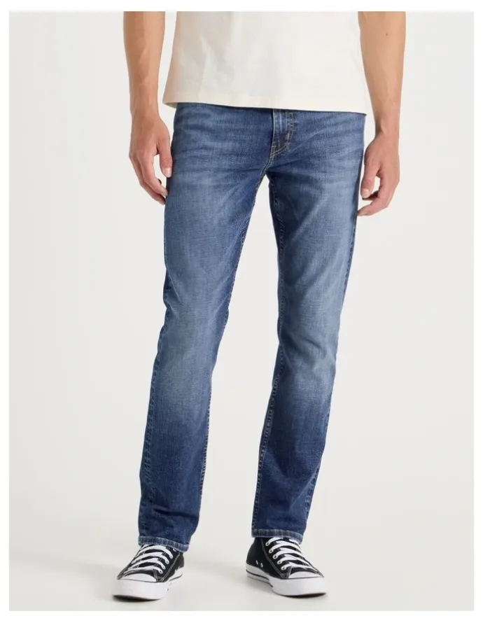 Grab Long Slim Tapered Crosshatch Jeans in Mid Blues