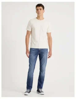 Grab Long Slim Tapered Crosshatch Jeans in Mid Blues