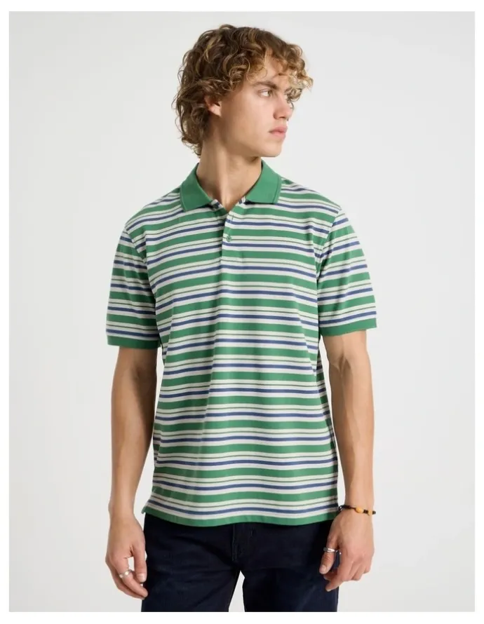 Grab Regular Fit Stripe Short Sleeve Polo in Green