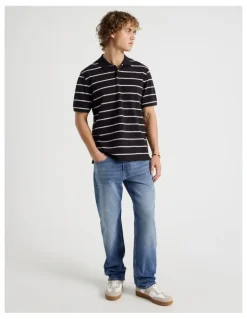Grab Regular Fit Stripe Short Sleeve Polo in Black