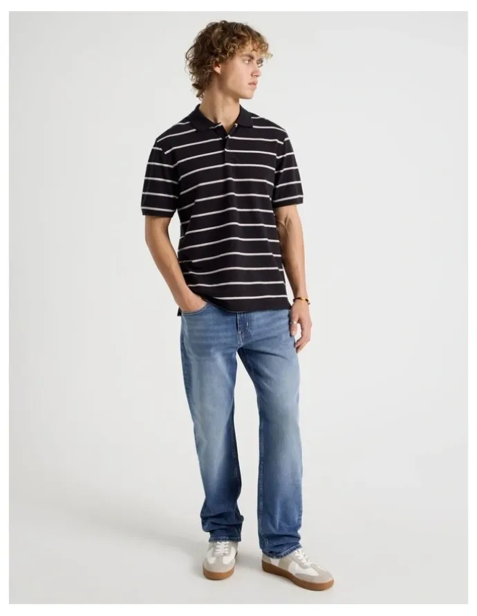 Grab Regular Fit Stripe Short Sleeve Polo in Black