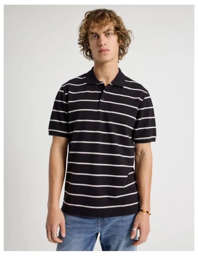 Grab Regular Fit Stripe Short Sleeve Polo in Black