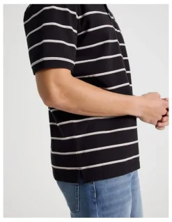 Grab Regular Fit Stripe Short Sleeve Polo in Black