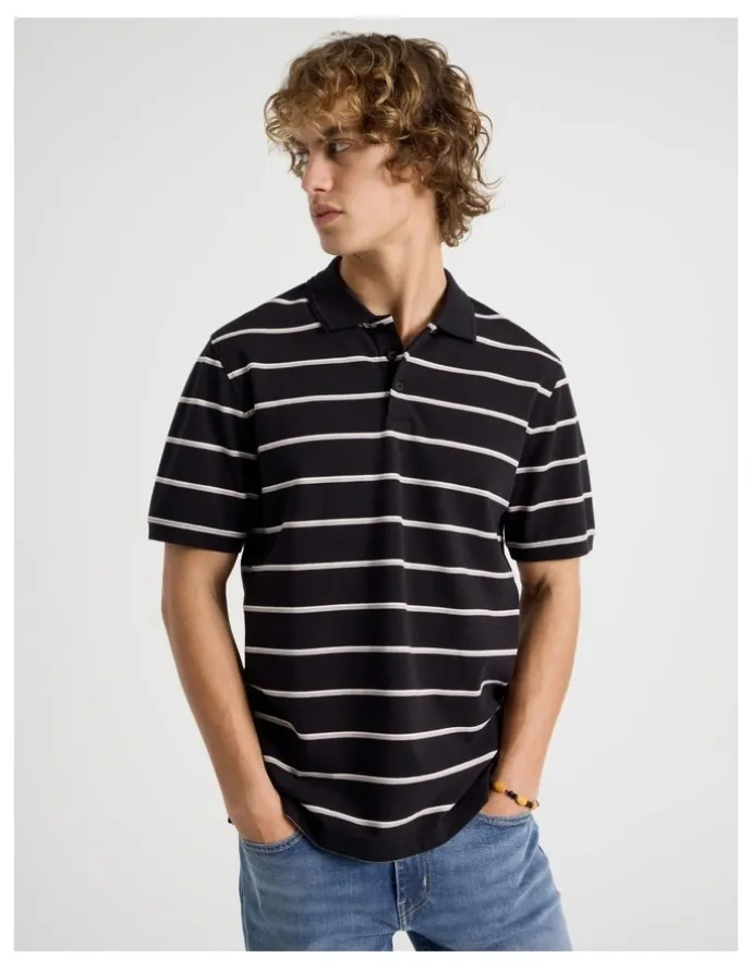 Grab Regular Fit Stripe Short Sleeve Polo in Black