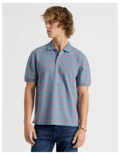 Grab Regular Fit Stripe Short Sleeve Polo in Blue