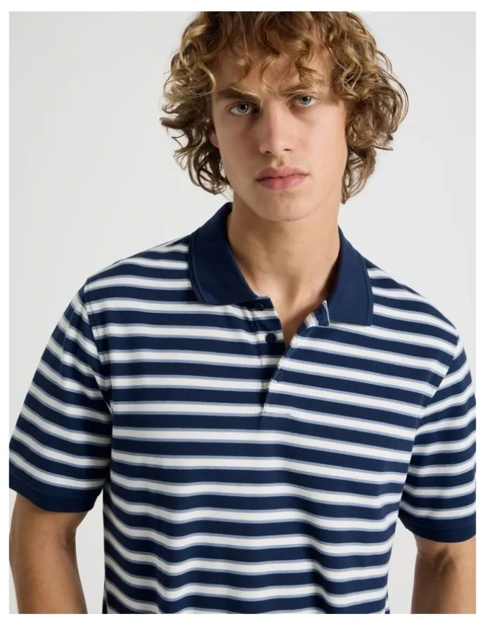 Grab Regular Fit Stripe Short Sleeve Polo in Navy
