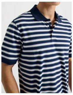 Grab Regular Fit Stripe Short Sleeve Polo in Navy