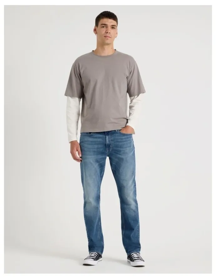Grab Straight At Waist Green Cast Jeans in Indigo