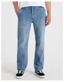 Grab Workwear Regular Straight Jeans in Mid Blues