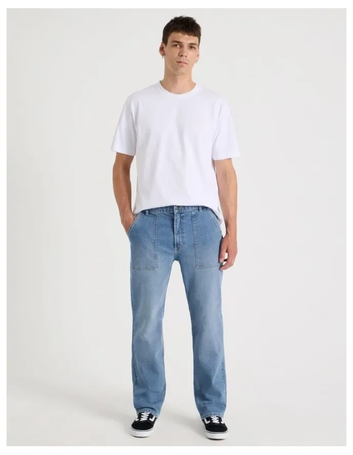 Grab Workwear Regular Straight Jeans in Mid Blues