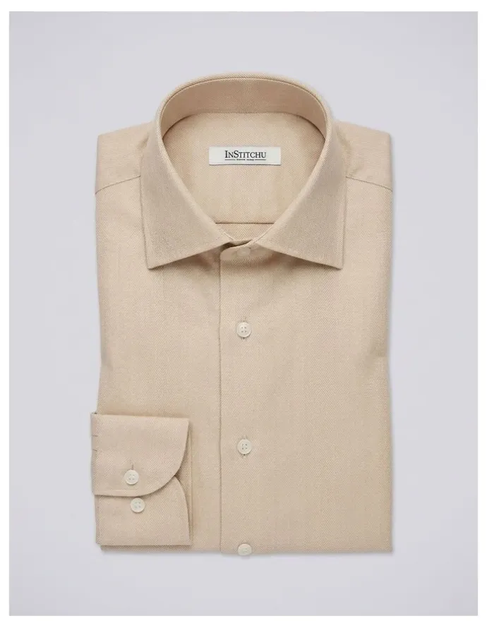 Institchu Harrison Beige Herringbone Cotton Shirt in Cream