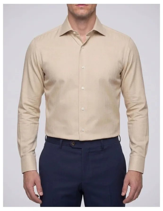 Institchu Harrison Beige Herringbone Cotton Shirt in Cream