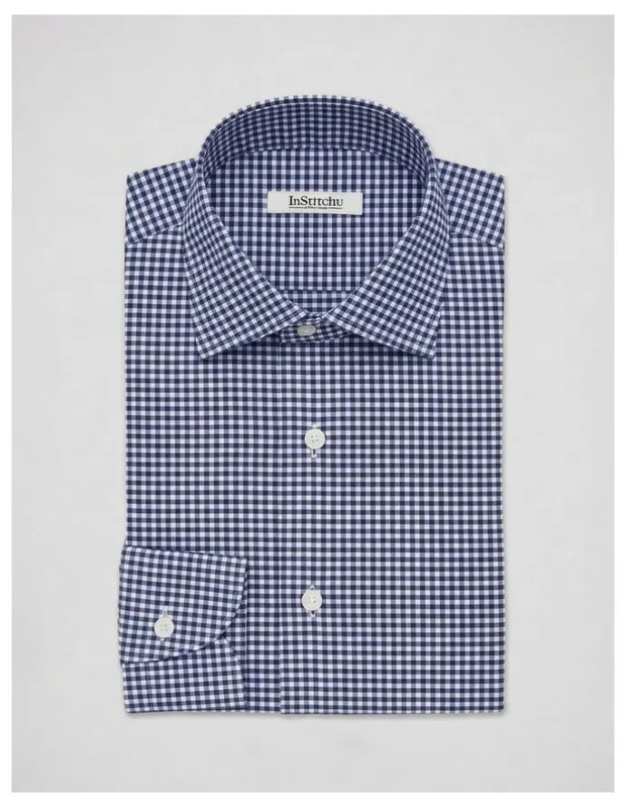 Institchu Woolf Navy Gingham Check Non-Iron Cotton Shirt