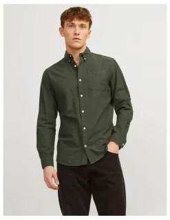 Jack & Jones Oxford Long Sleeve Shirt in Forest Night