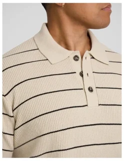 Johnny Bigg Elton Knit Stripe Polo Shirt in Ecru