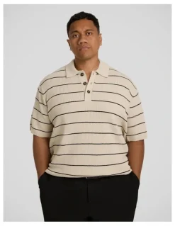 Johnny Bigg Elton Knit Stripe Polo Shirt in Ecru