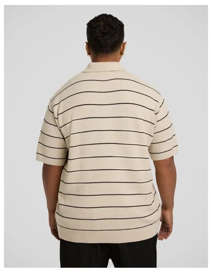 Johnny Bigg Elton Knit Stripe Polo Shirt in Ecru
